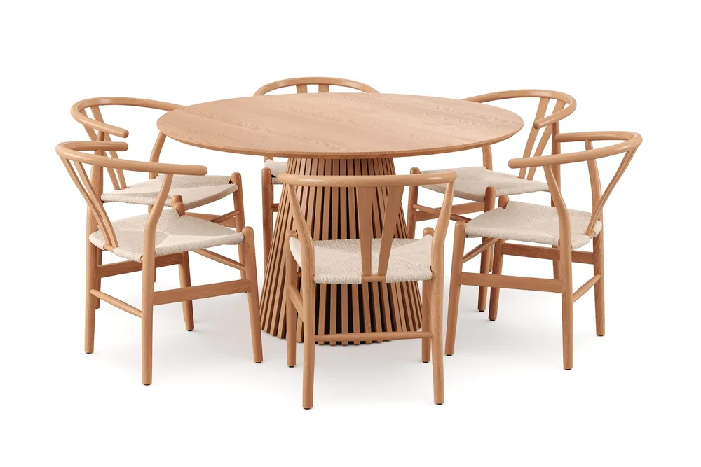 Peyra rund spisegruppe 130 cm eik med 6 Dastoori-spisestoler v:4985019