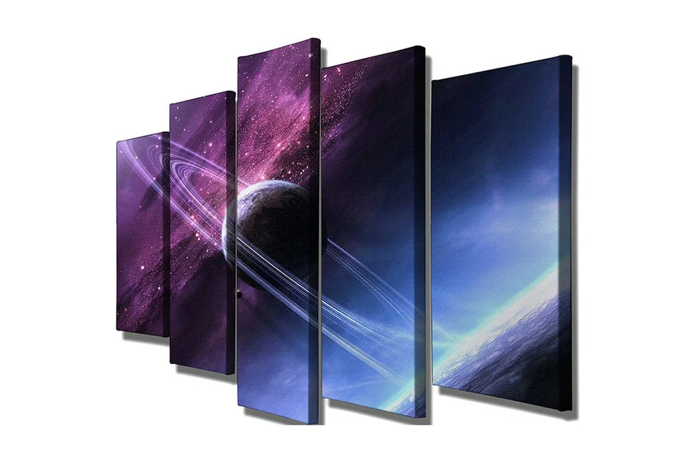 Stort lerretsbilde i 5 deler 105x70 cm - Romlandskap med en planet og ringer på en stjernehimmel v:3486771