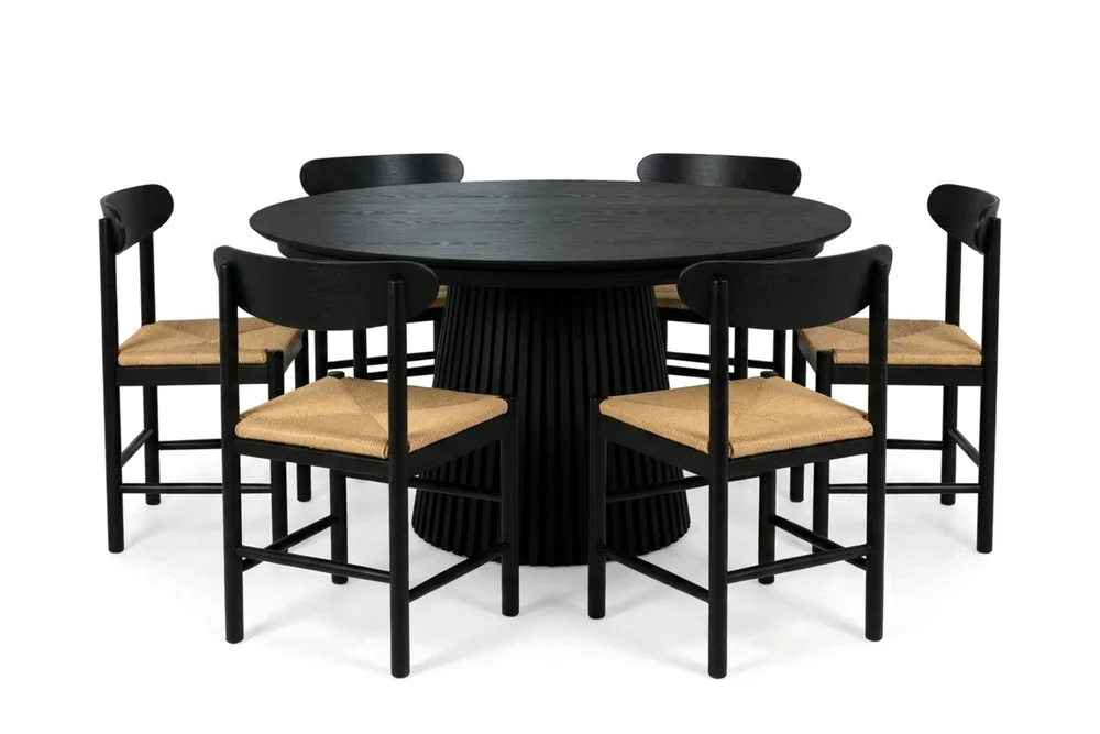 Peyra spisegruppe uttrekkbar rund 140-240 cm svart med 6 Malte spisestoler v:1194065