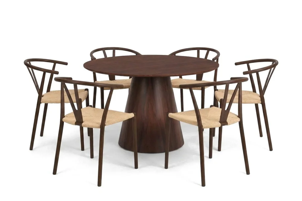 Siena spisegruppe rund 130 cm valnøtt med 6 Elysia spisestoler v:9078436