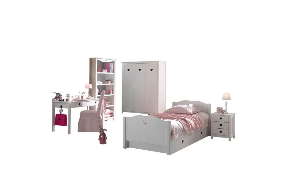 Seng med nattbord garderobe skrivebord bokhylle skuff Amori Hvit v:6688780