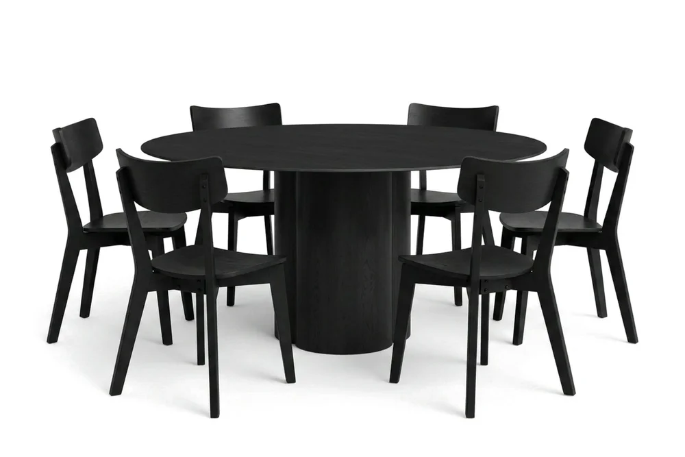 Juno spisegruppe 150 cm rund i svart med 6 Amelia spisestoler v:9723564