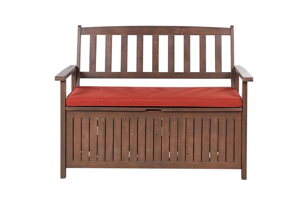 Trädgårdsbänk med dyna Beliani Sovana Mörk trä/vit, 120 cm Dark wood||Red v:8913736 Trädgårdsbänk med dyna Beliani Sovana Mörk trä/vit, 120 cm Dark wood||Red v:8913736